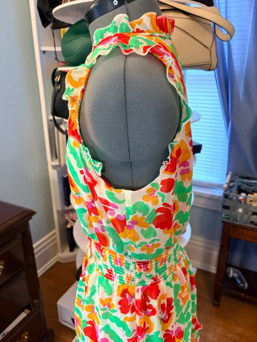 Cabi Floral Smocked Waist Dress Cottagecore Holiday Ruffle Midi Summer Resort - Picture 7 of 11
